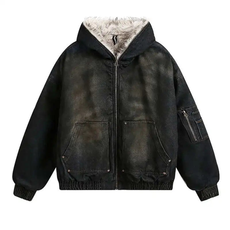 PFNW Menswear Thickened Denim Quilted Padded Jacket Autumn Winter Trend 2024 New Oversized Fur Collar Hooded Coat
