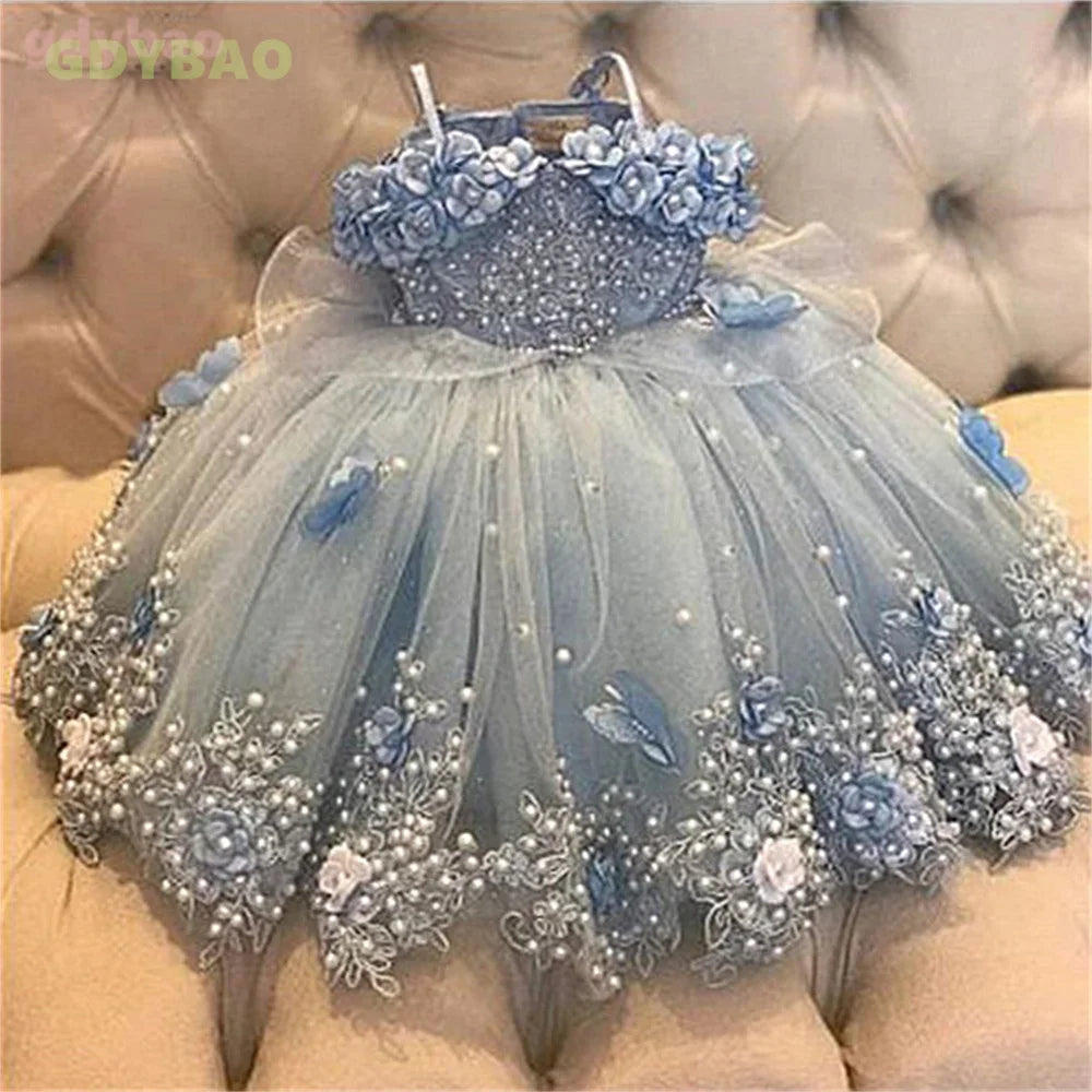 Luxury Baby Girl Birthday Dress with Lace and Pearls Infant Applique Princess Flower Girl Long Christmas Prom Ball Gown