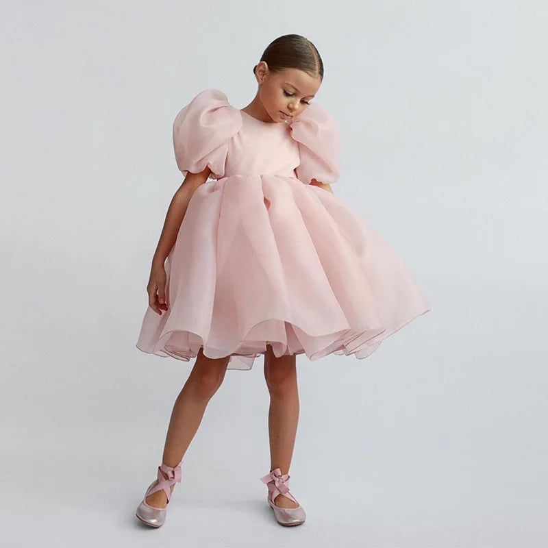 Fashion Girl Princess Vintage Dress Tulle Puff Sleeve Pink