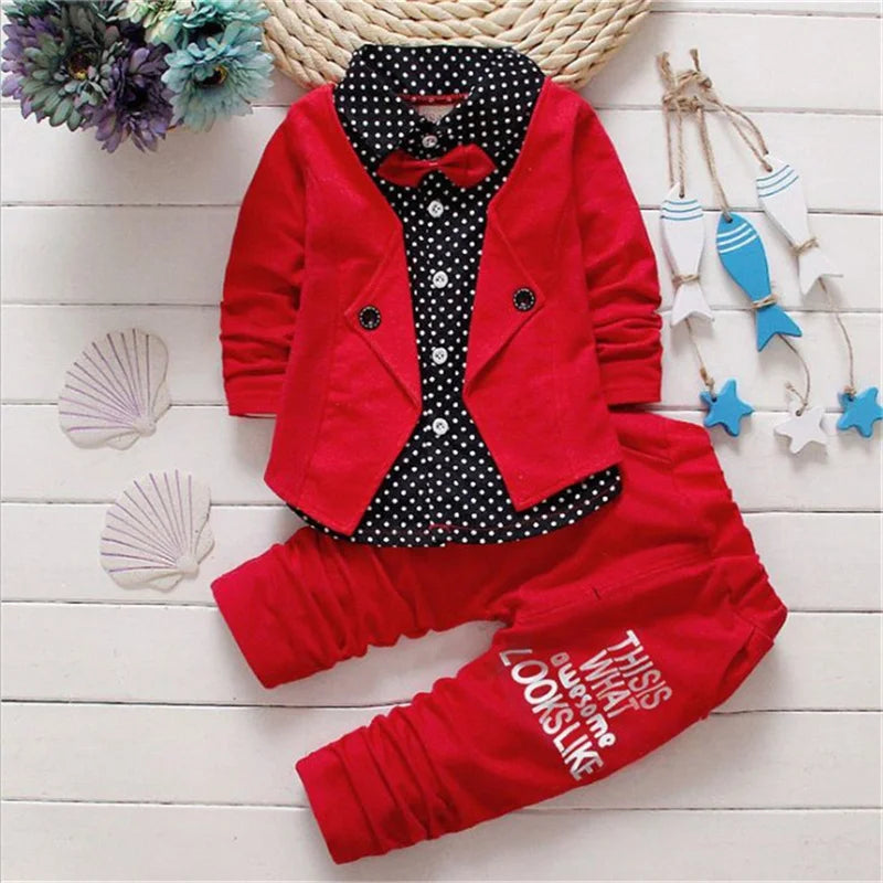 Autumn Toddler Boy Polka Dot V-Neck Bow Tie Shirt Suit