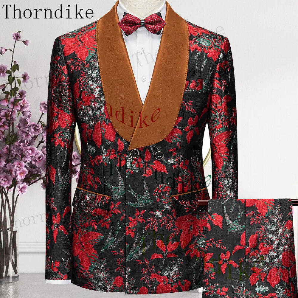 Thorndike 2023 New Design Burgundy Suits for Men 2 Piece Blazer Set Casual Double Breasted Travel Wear Jacket and Pant