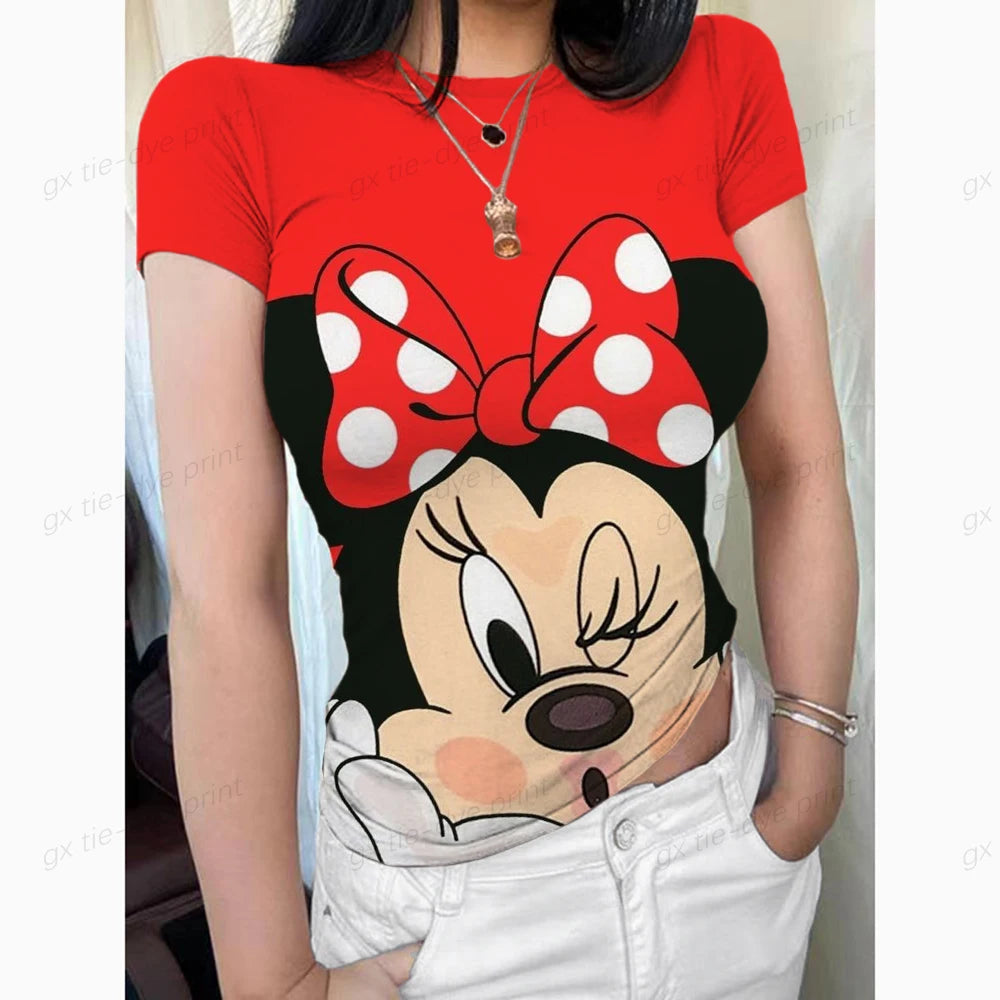 2024 Summer New Short Sleeve T-Shirt Women Mickey Mouse Print Simple Casual Soft All-Match Basic Tops Tees Summer Fashion