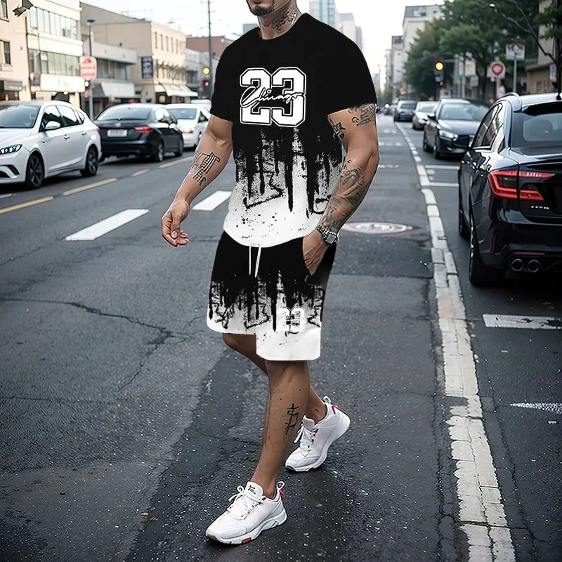 Men's Summer Fashion 3D Printed T-Shirt and Shorts Set Casual Two-Piece Outfit