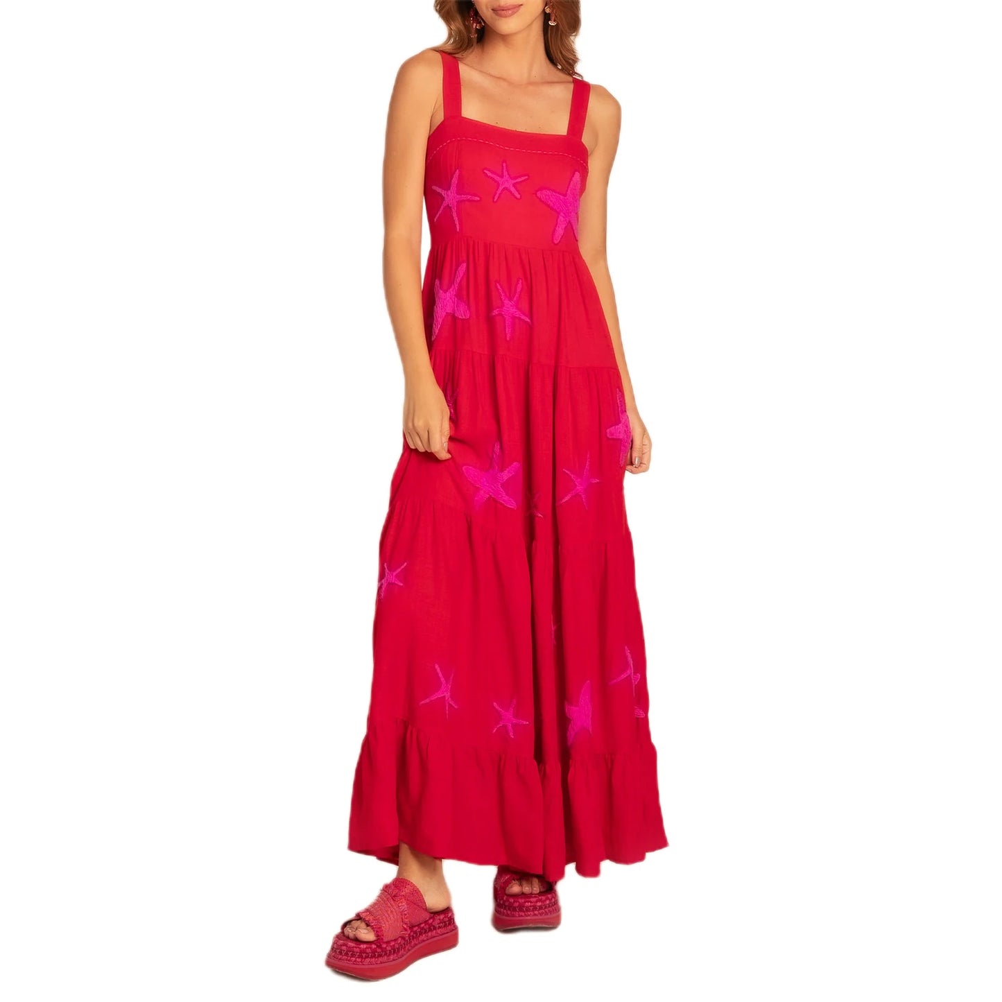 Women’s Boho Floral Print Spaghetti Strap Maxi Dress V Neck Sleeveless Summer Beach Dress with Tiered Skirt and Embroidery