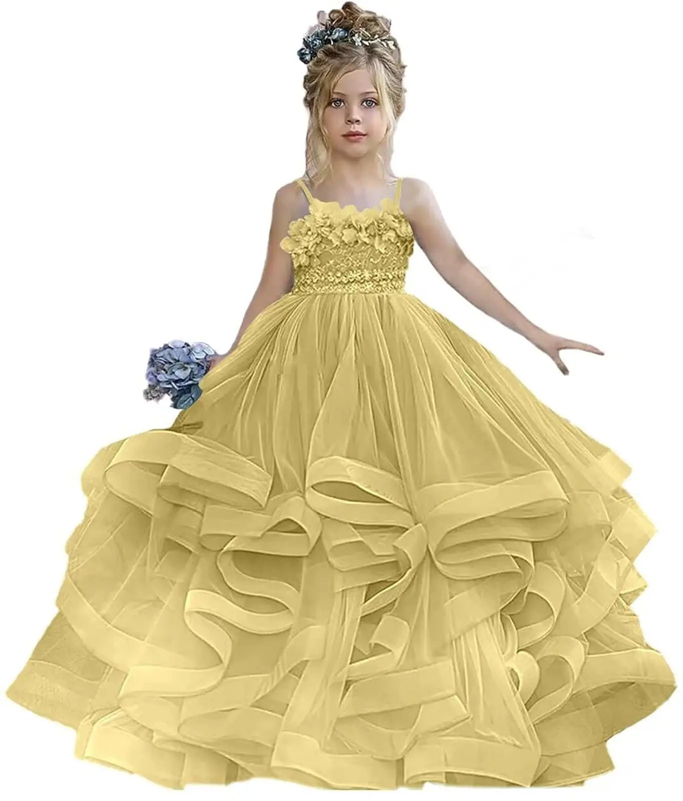 Formal Lace Appliques Shiny Princess Flower Girl Dress Floor Length Pleat Spaghetti Strap Luxury Full Ball Gown