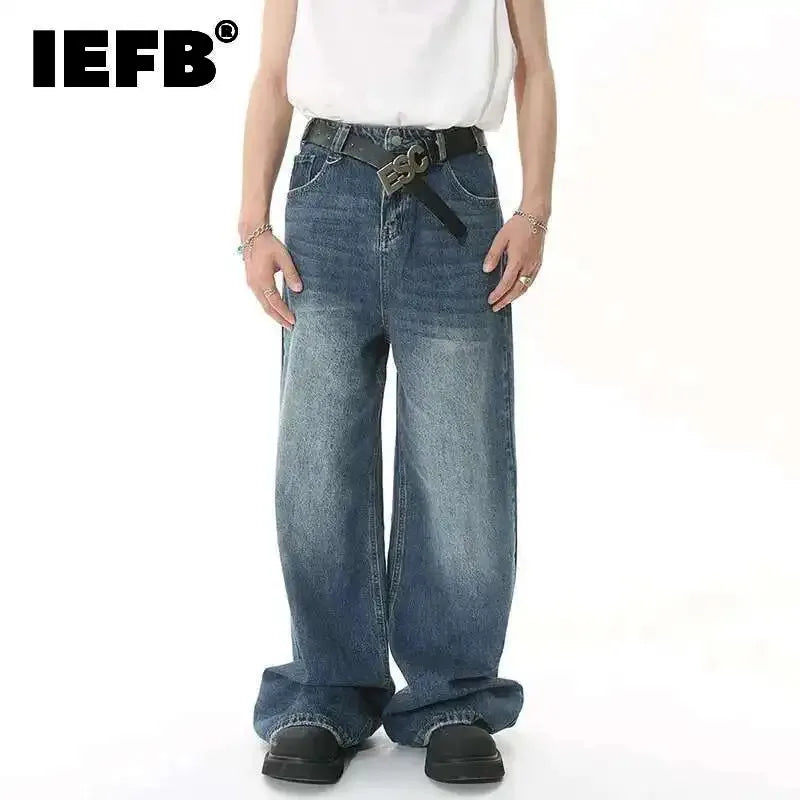 IEFB 2025 Spring Trendy Men's Gradient Color Washed Straight Leg Jeans with Metal Ring Design Casual Wide Leg Denim Pants