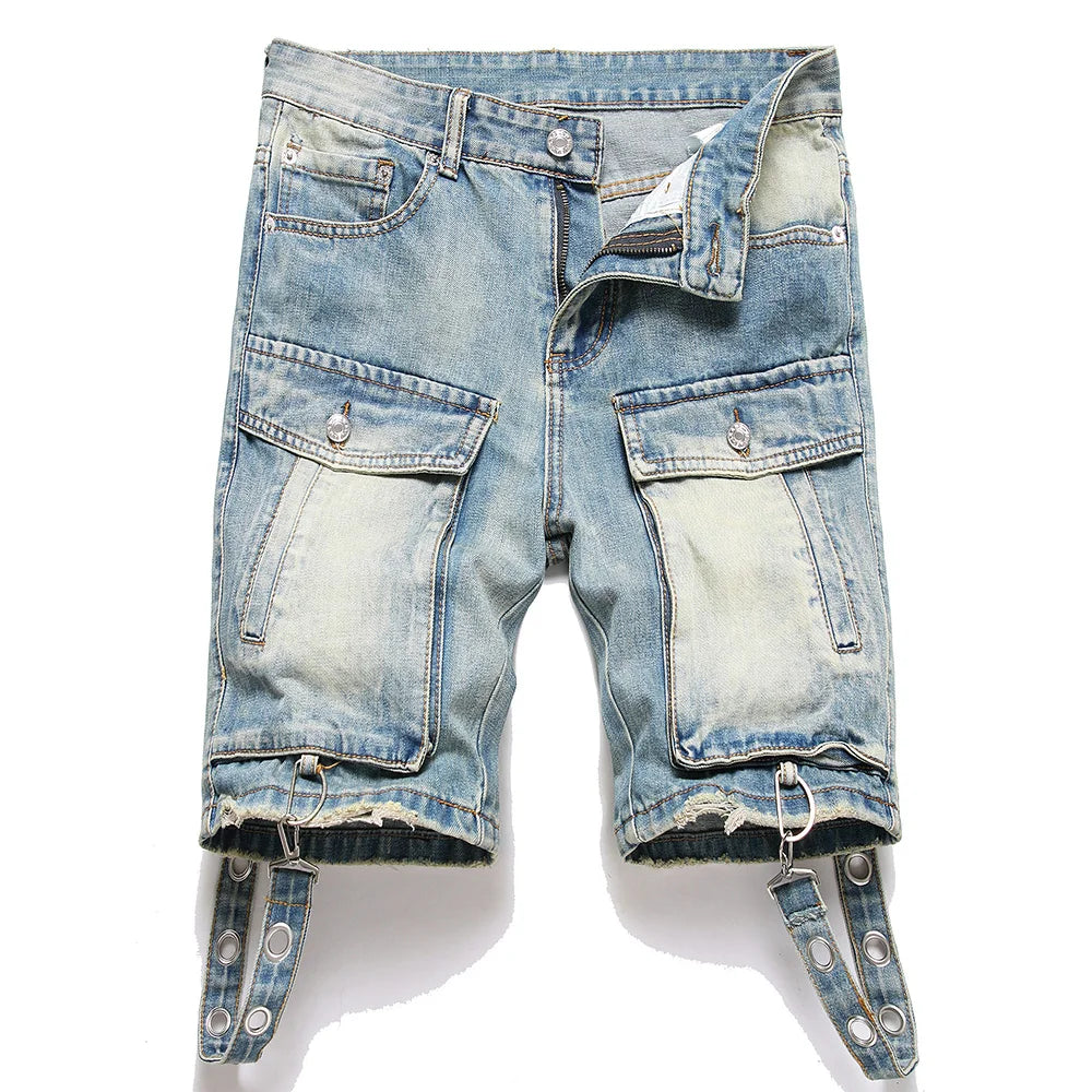 Men's Multi Pocket Cargo Denim Shorts Summer Punk Rivet Blue Jeans Ripped Hem Knee Length Breeches