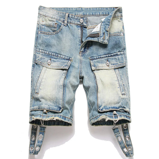 Men's Multi Pocket Cargo Denim Shorts Summer Punk Rivet Blue Jeans Ripped Hem Knee Length Breeches