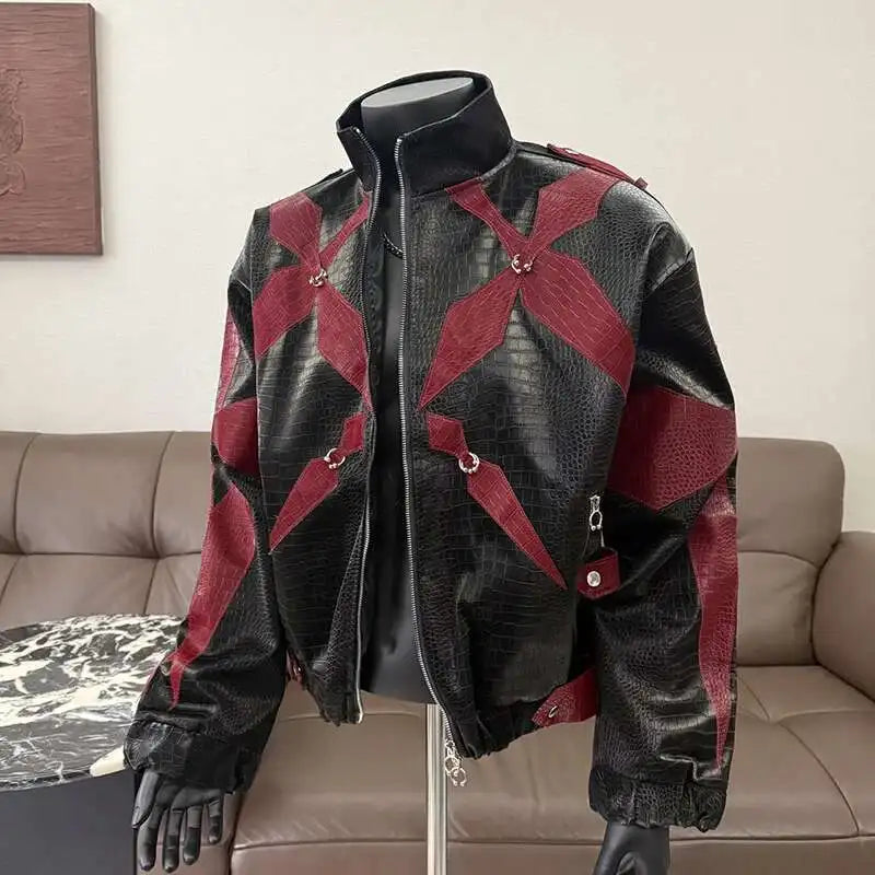 PFHQ Men's PU Leather Jacket 2025 Zipper Stand Collar Contrast Color Korea Fashion Darkwear Casual Male Tops