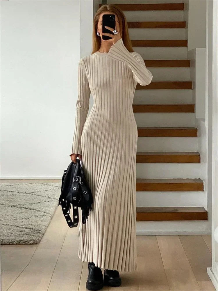 Tossy Lace-Up Female Knit Maxi Dress Autumn High Waist