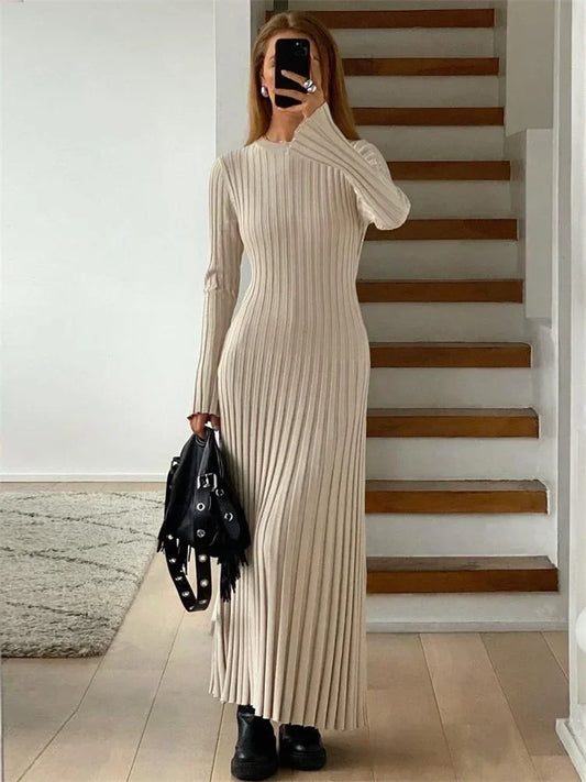 Tossy Lace-Up Female Knit Maxi Dress Autumn High Waist