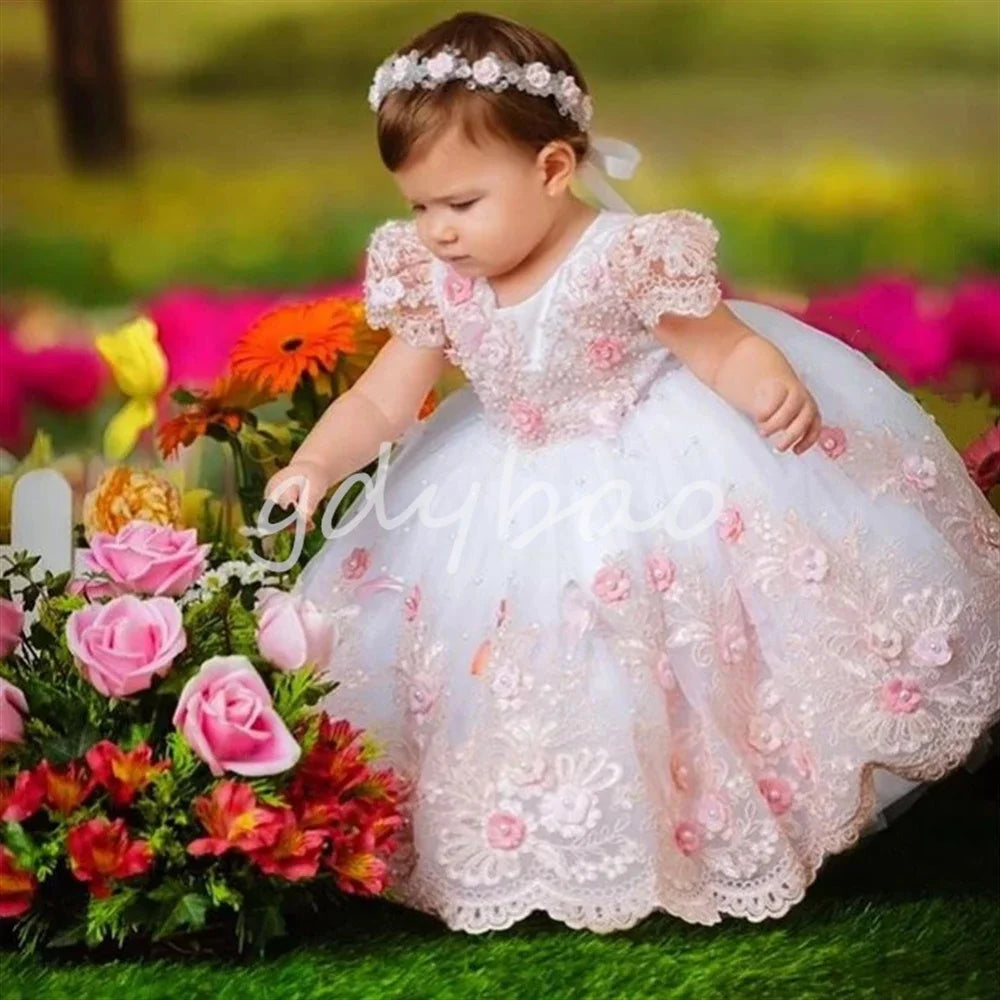 Luxury Baby Girl Birthday Dress with Lace and Pearls Infant Applique Princess Flower Girl Long Christmas Prom Ball Gown