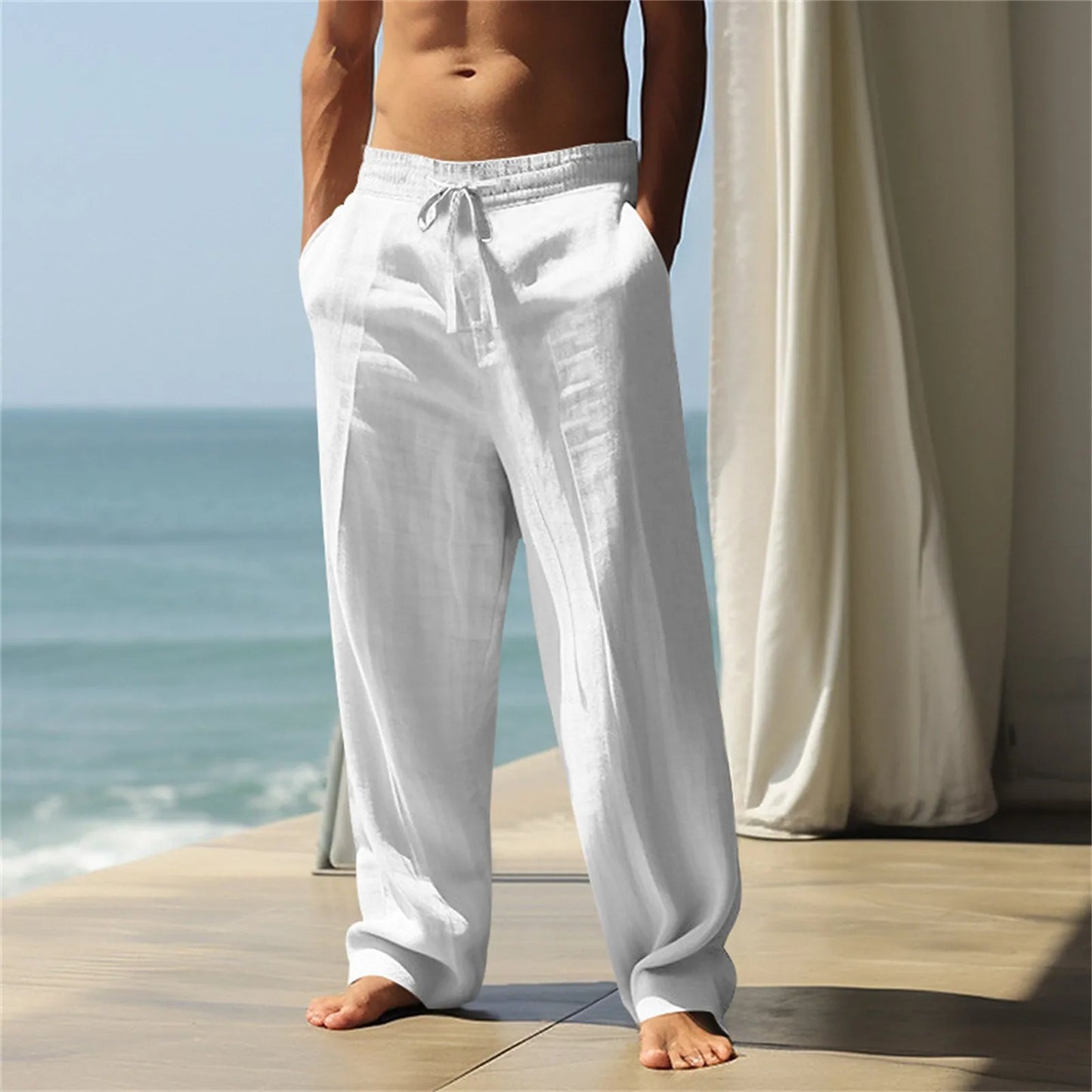 Loose Men's Cotton Linen Pants Summer Breathable Solid Color Trousers Fitness Streetwear Plus Size