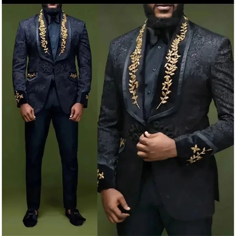 Elegant Black Blazer Formal Men's Suit Jacquard Fabric Shawl Lapel Single Breasted Luxury Jacket