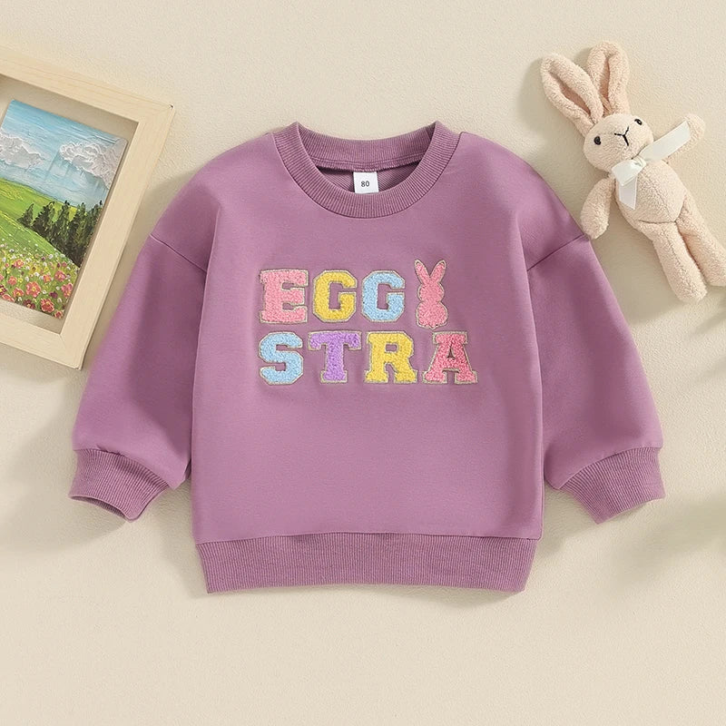 Lioraitiin 0-5 Years Toddler Kids Girls Boys Easter Rabbit Letter Fuzzy Embroidery Long Sleeve Sweatshirt Pullover Top