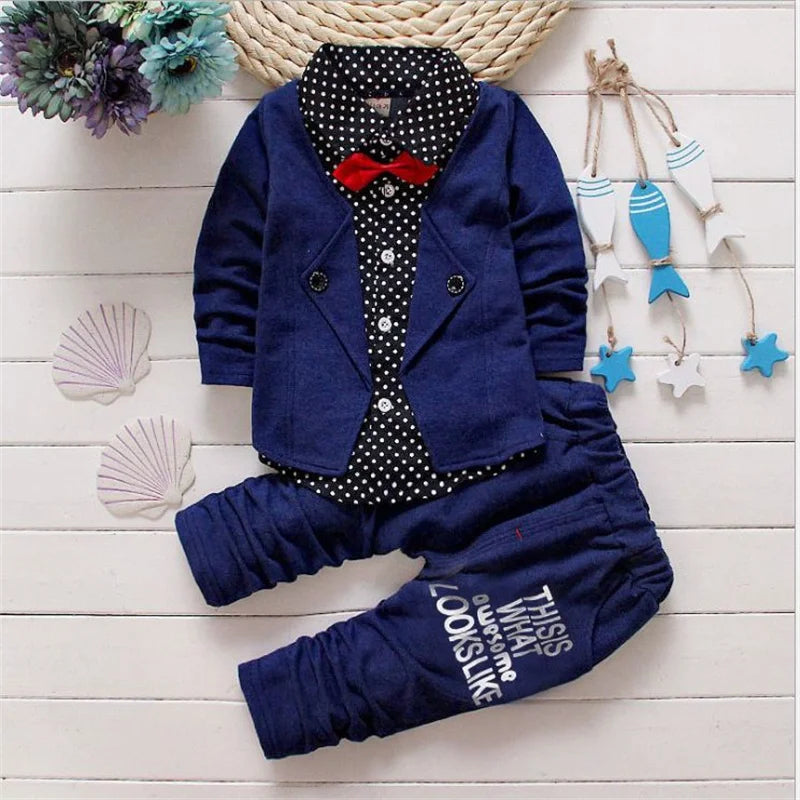 Autumn Toddler Boy Polka Dot V-Neck Bow Tie Shirt Suit