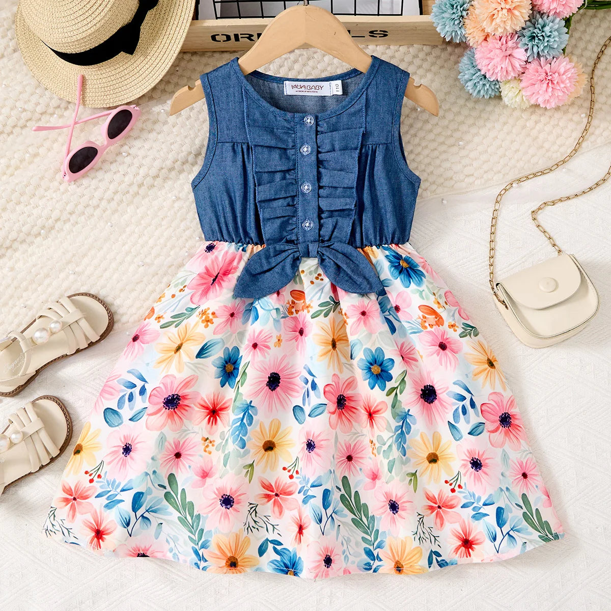 Children's Summer Casual Daily Dress Patchwork Cowboy Butterfly Floral Design Fashion Girls Dress