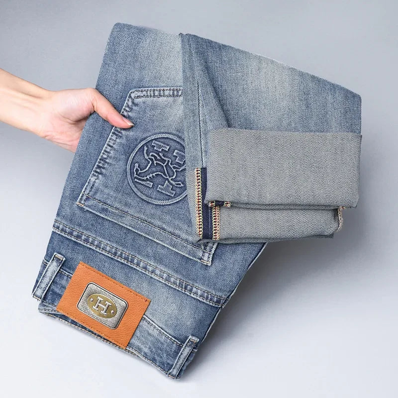 2024 Men's Fashionable Simple Stretch Slim Fit Denim Trousers European Style High Quality Casual Pants