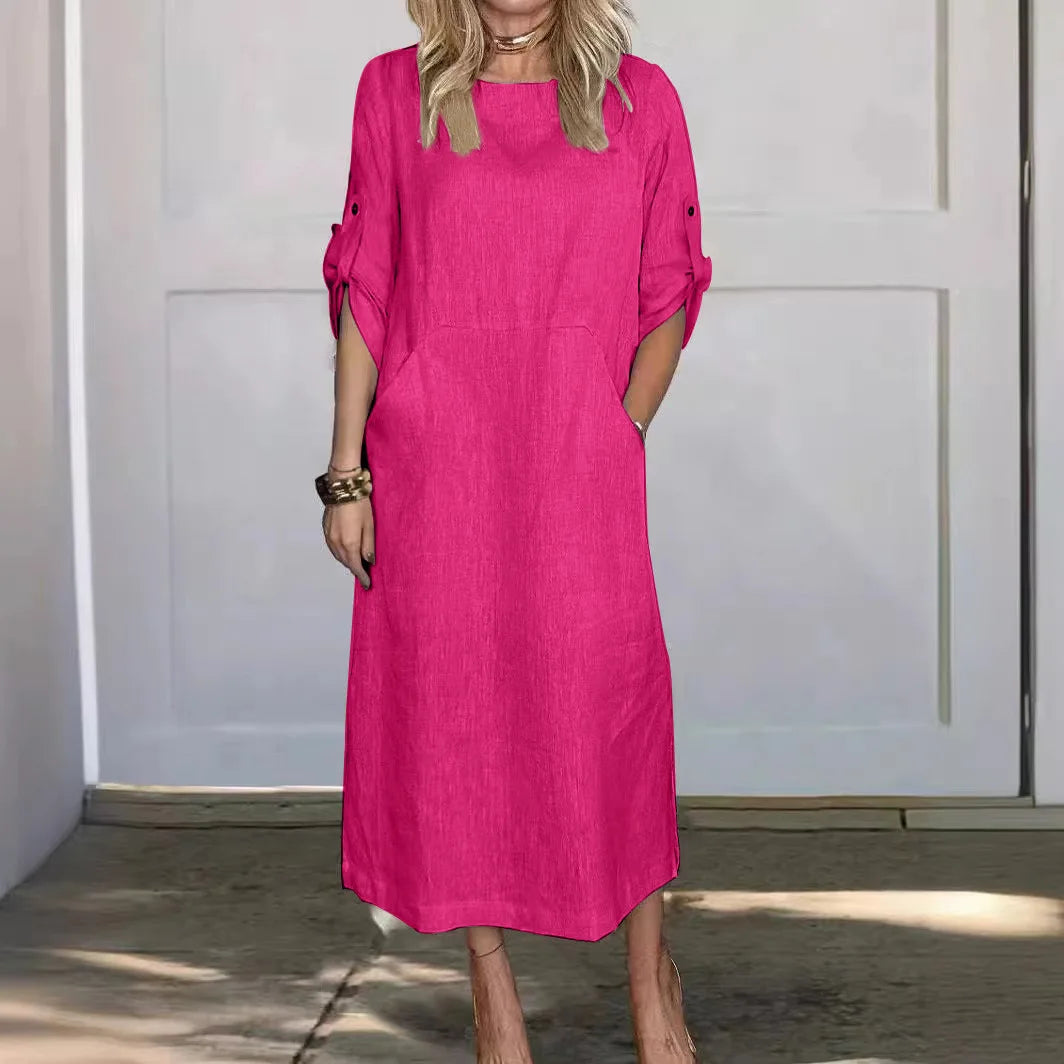 Women's Spring Solid Color Linen Dress Big Pocket Splic Short Sleeve Elegant Dress Summer Casual Long Dresses Daily Comfy Robe