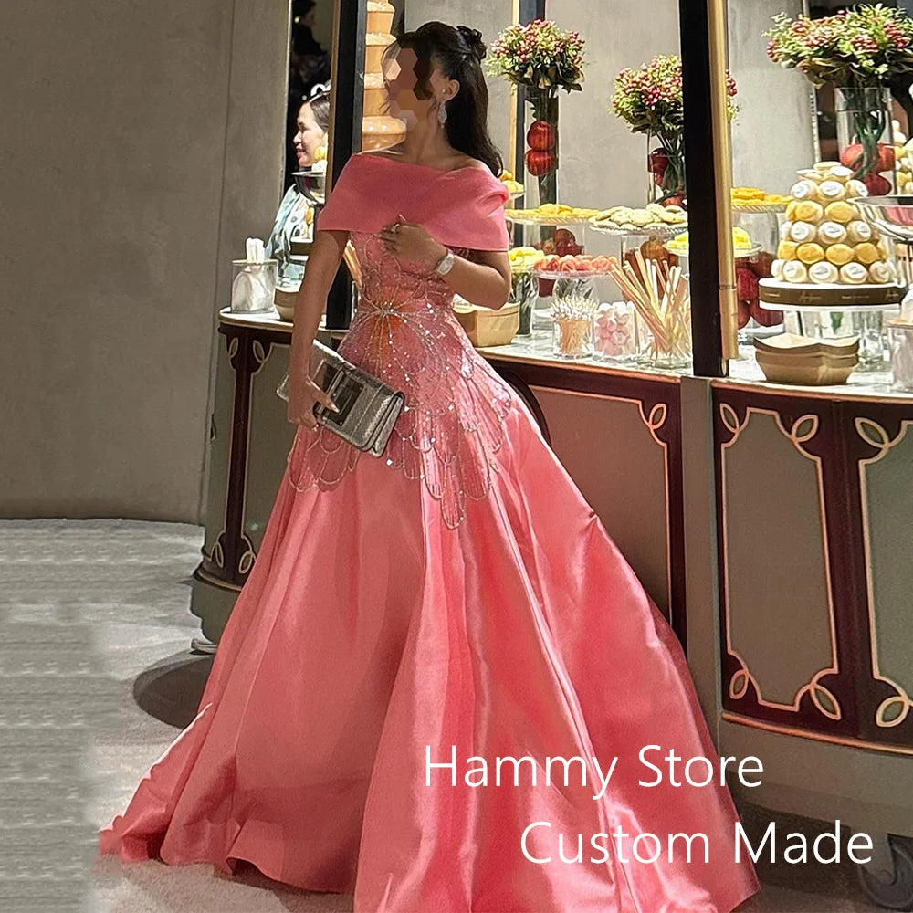 Evening Dress Customized Off The Shoulder Boat Neck Beading A Line Satin Prom Gown  Party Dresses Pageant