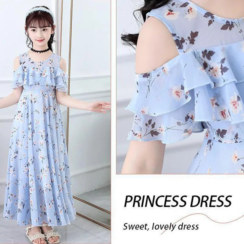 Girls Sweet Flower Princess Dress Summer Puff Sleeve Floral Casual Dress Korean Fashion Children's Clothing