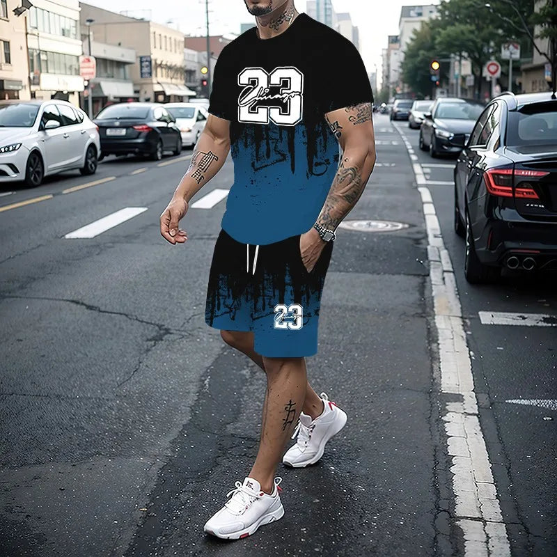 Men's Summer Fashion 3D Printed T-Shirt and Shorts Set Casual Two-Piece Outfit