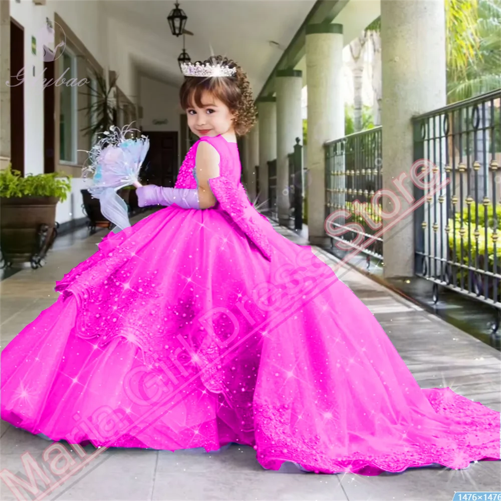 New Flower Girl Dress Lavender Appliqué Fluffy Bow Kids Birthday Pageant Party Dress