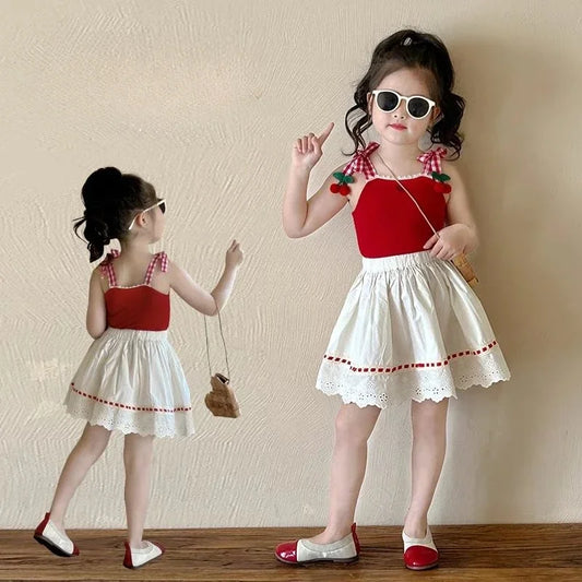 Children's Cherry Knit Halter Top and Skirt 2 Piece Set Toddler Girl Boutique Clothes