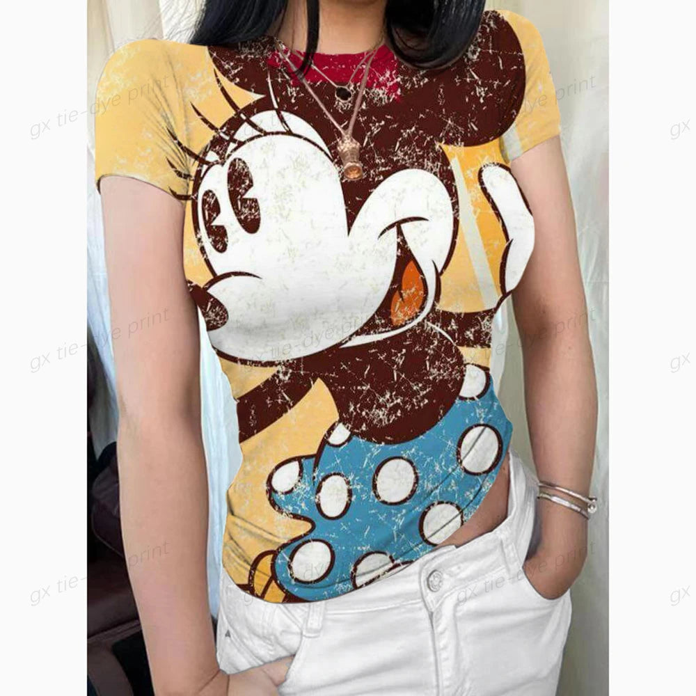 2024 Summer New Short Sleeve T-Shirt Women Mickey Mouse Print Simple Casual Soft All-Match Basic Tops Tees Summer Fashion