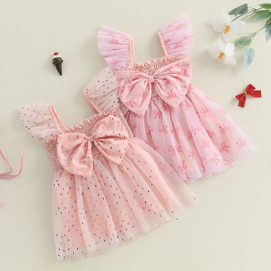 Pudcoco Toddler Girls Summer Tulle Dress Flying Sleeve Big Bow A-Line Dress for Ages 6 Months to 4 Years