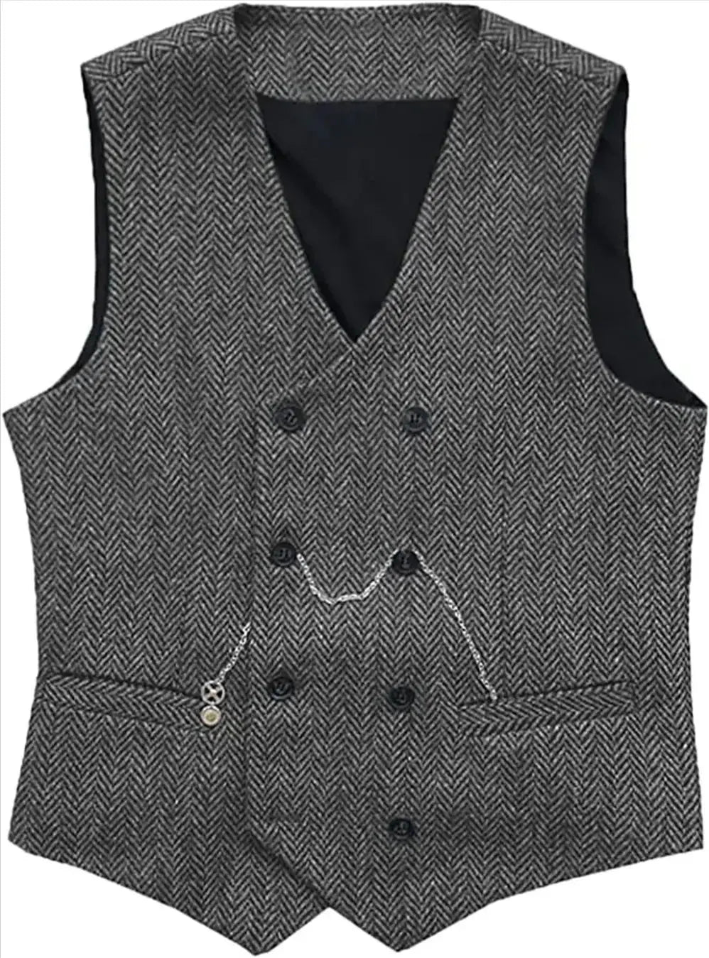 V Neck Men's Suit Vests Herringbone Wool Tweed Double Breasted Waistcoat Tuxedo Groomsmen Wedding Groom One Piece Vest