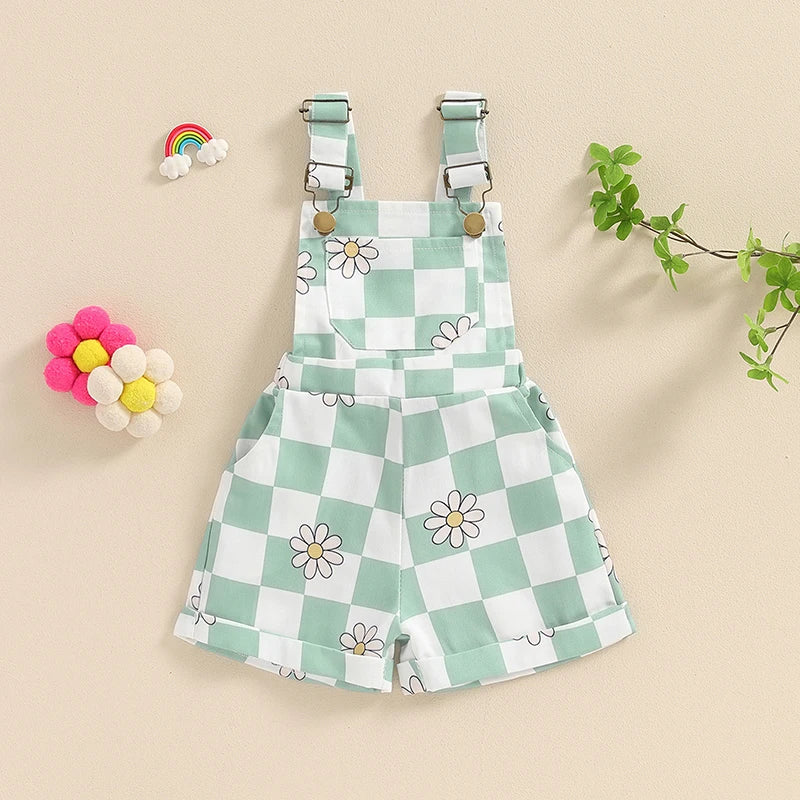 Lioraitiin Toddler Baby Girl Checkerboard Floral Print Summer Sleeveless Overalls Jumpsuit