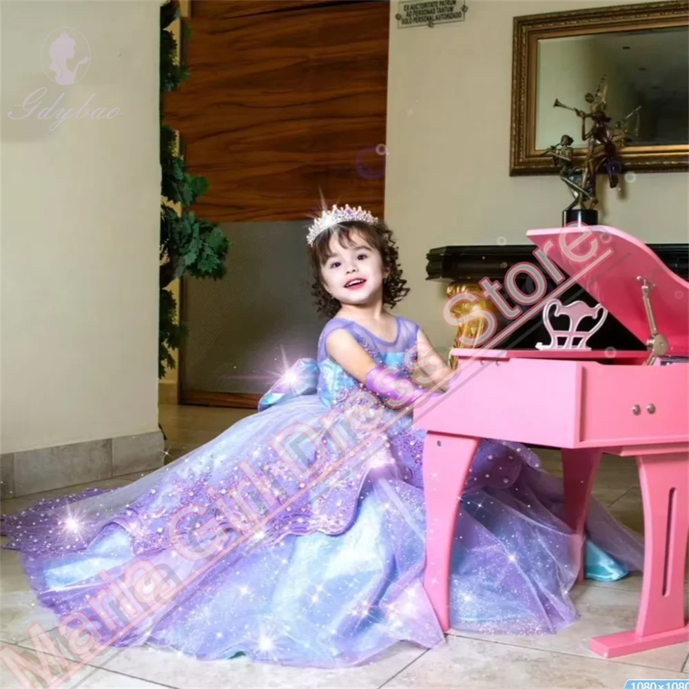 New Flower Girl Dress Lavender Appliqué Fluffy Bow Kids Birthday Pageant Party Dress