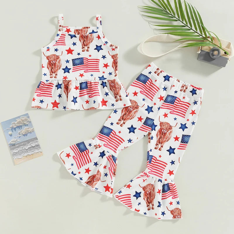 Lioraitiin Toddler Girl Clothes Suit Sleeveless Off Shoulder Vest Tops and Long Bell Bottom Pants for Ages 0 to 4 Years