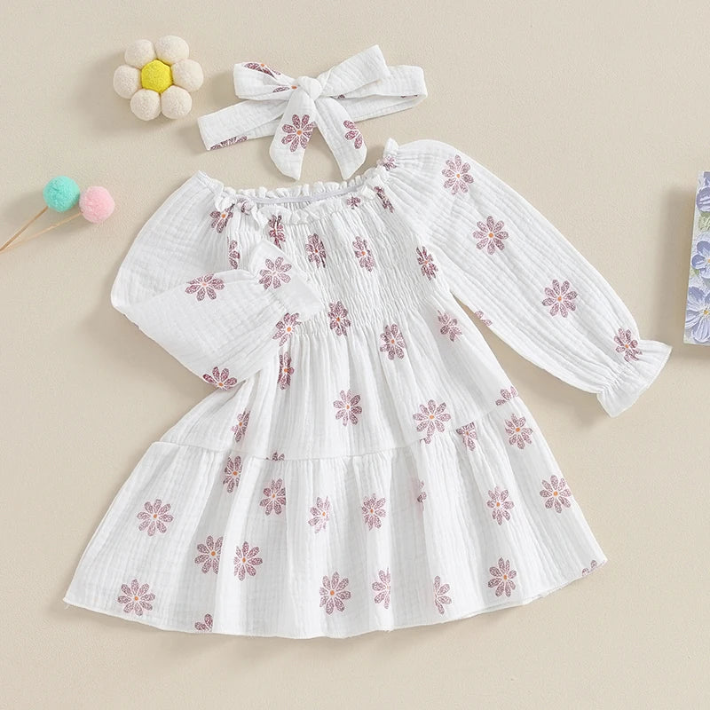 Spring Baby Girl Floral Print Off Shoulder Long Sleeve Dress with Headband