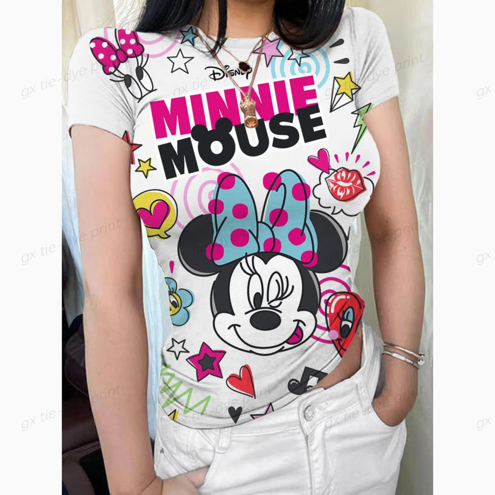 2024 Summer New Short Sleeve T-Shirt Women Mickey Mouse Print Simple Casual Soft All-Match Basic Tops Tees Summer Fashion