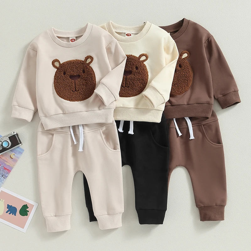 Lioraitiin Toddler Baby Boy Girl 2Pcs Fall Outfits Long Sleeve Bear Embroidery Tops Pocket Pants Set 0-3 Years