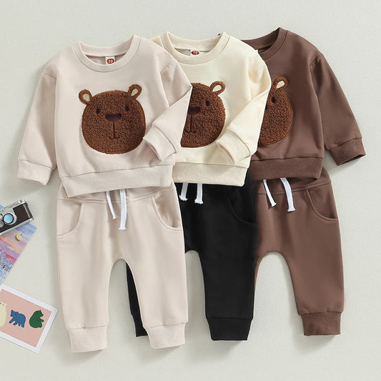 Lioraitiin Toddler Baby Boy Girl 2Pcs Fall Outfits Long Sleeve Bear Embroidery Tops Pocket Pants Set 0-3 Years