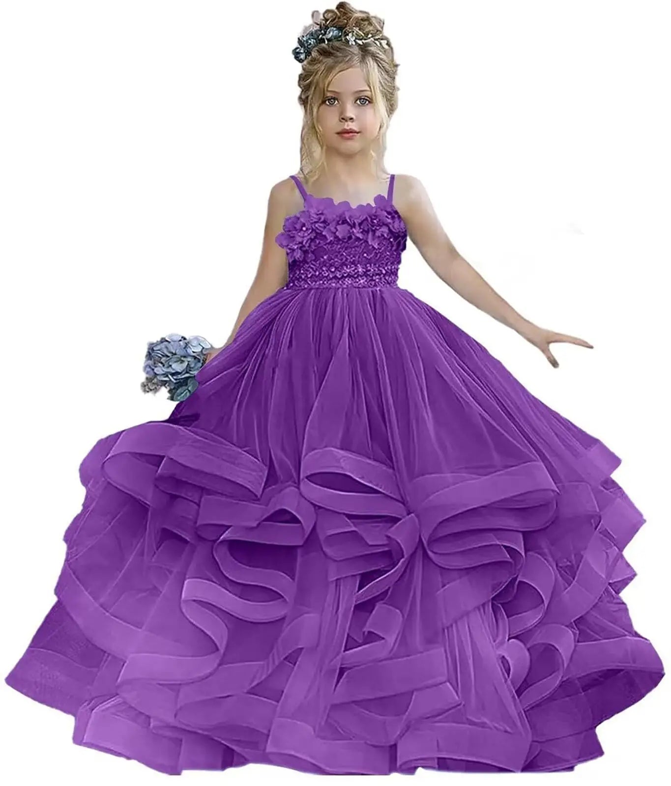 Formal Lace Appliques Shiny Princess Flower Girl Dress Floor Length Pleat Spaghetti Strap Luxury Full Ball Gown