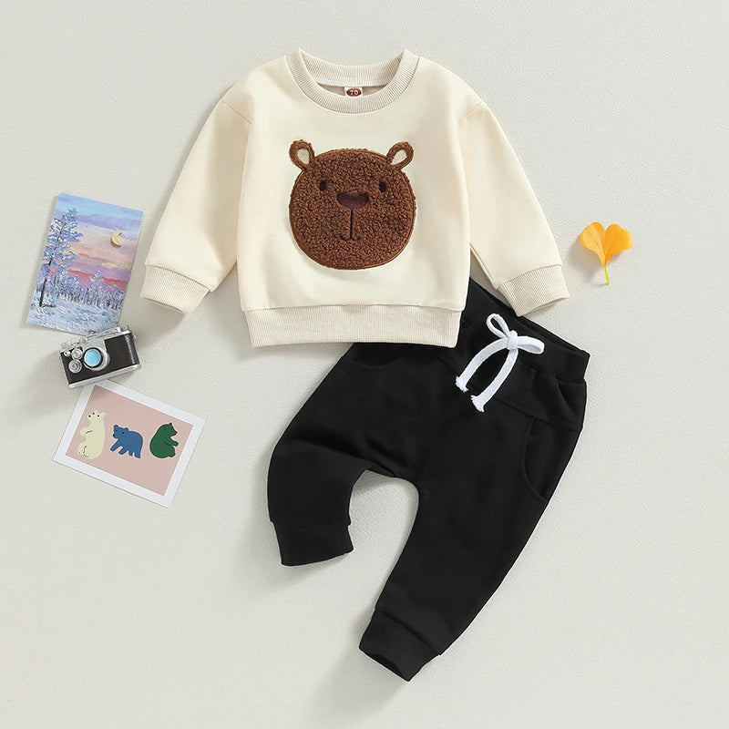 Lioraitiin Toddler Baby Boy Girl 2Pcs Fall Outfits Long Sleeve Bear Embroidery Tops Pocket Pants Set 0-3 Years