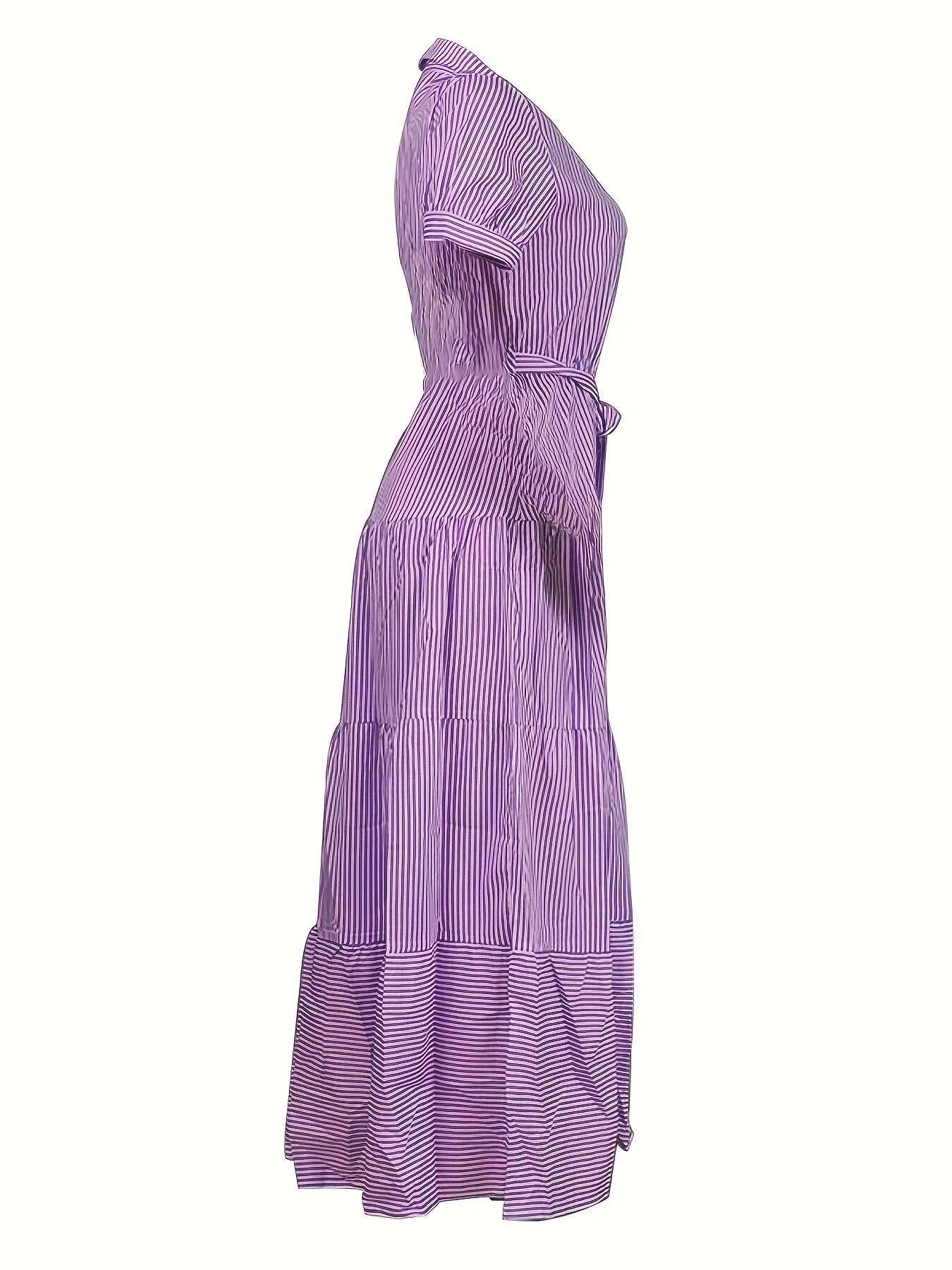 Women's New Fashion Stripe Printed Short Sleeve Loose Waist Strap Long Collar Ankle Single Breasted Dress