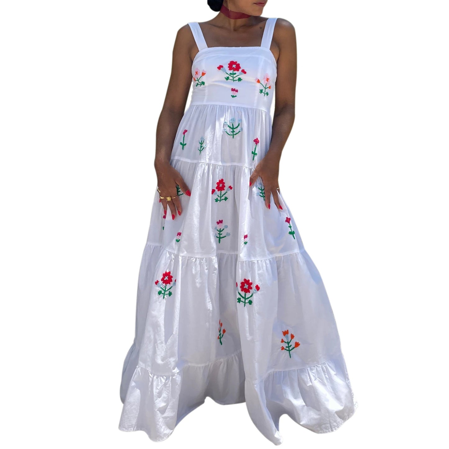 Women’s Boho Floral Print Spaghetti Strap Maxi Dress V Neck Sleeveless Summer Beach Dress with Tiered Skirt and Embroidery