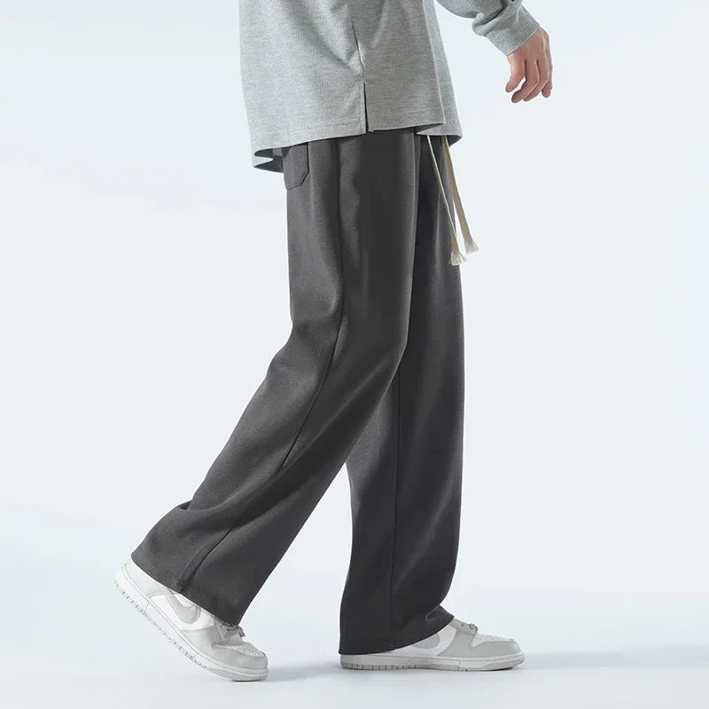 New Men's Casual Wide Leg Straight Pants 65 Percent Cotton Outdoor Sweatpants High Quality Soft Long Baggy Trousers
