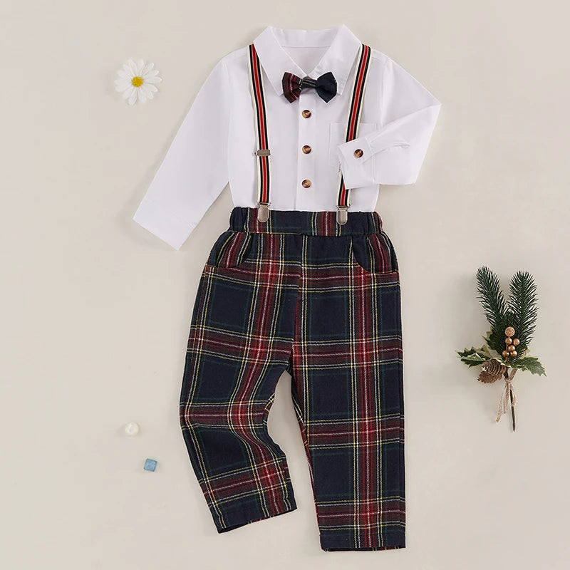 Toddler Boy Formal Wear Stylish Long Sleeve Shirt with Bowtie and Plaid Suspender Pants 2 Piece Set