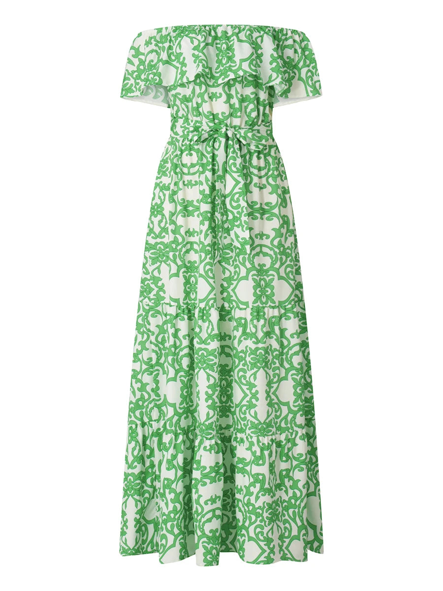 Women Long Off Shoulder Floral Print Casual Ankle Length Dress for Spring and Summer