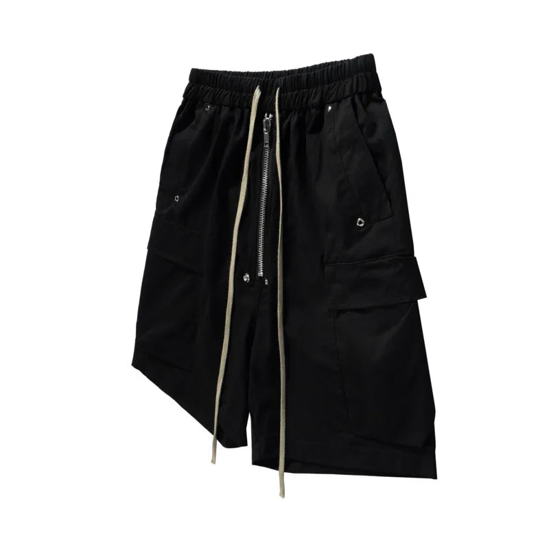 PFNW 2025 Summer High Street Trendy Workwear Shorts Loose Zipper Drawstring Elastic Waist Black Knee Length Pants 28W6518