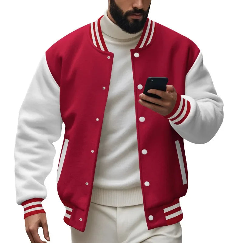Men's Autumn and Winter Casual Velvet Flight Jacket Varsity Baseball Jersey Loose Stand-up Coat