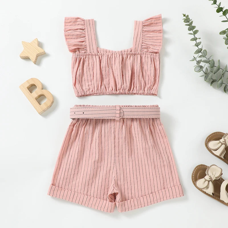 Lioraitiin Toddler Girl Summer Outfits Stripe Print Flutter Sleeve Tank Tops and Belted Shorts 2 Piece Set