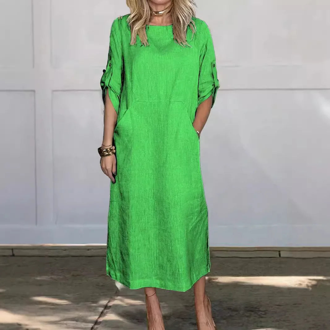 Women's Spring Solid Color Linen Dress Big Pocket Splic Short Sleeve Elegant Dress Summer Casual Long Dresses Daily Comfy Robe