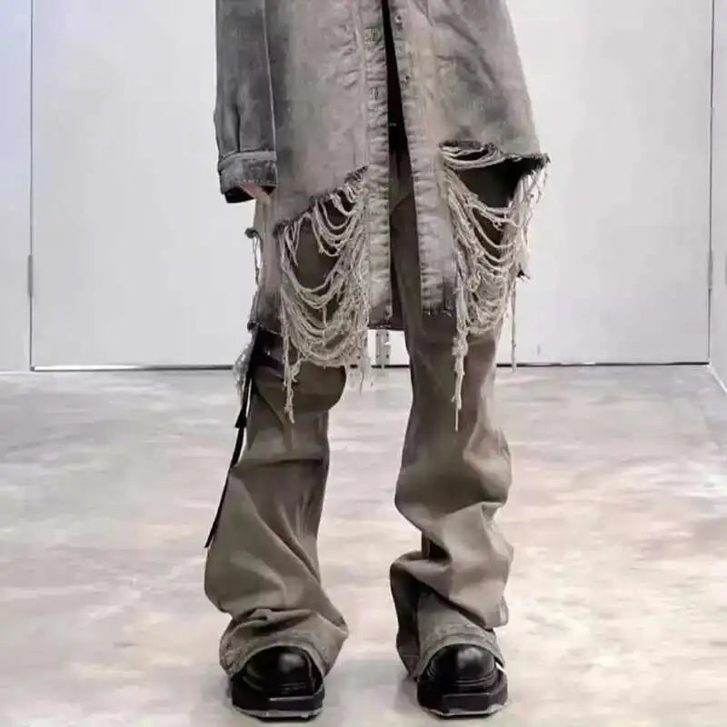 PFNW Wrinkled Design Vintage Male Jeans High Street Full Length Washed Wide Leg Pants Trendy Boot Cut Men's Trousers New 28W4545